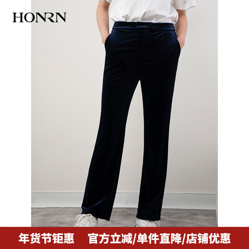 HONRN/红人蓝色复古丝绒裤子显瘦垂感直筒休闲裤女春秋HH11OK620,女装/女士精品,休闲裤,淘宝优惠券,粉丝福利购,淘宝优惠卷