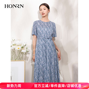 HONRN 红人圆领印花压褶系带收腰显瘦纯棉连衣裙女夏HI22OL450