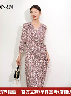 HONRN/红人法式复古V领系带收腰显瘦碎花连衣裙女春秋款HI11OL193