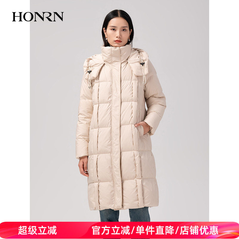 HONRN/红人修身中长款连帽保暖鸭绒羽绒服外套女冬季HI59YR114