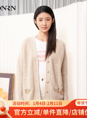 HONRN/红人宽松长袖v领羊毛镂空针织衫开衫上衣女春秋HI33OM022