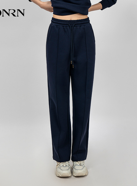 HONRN/红人蓝色抽绳松紧腰长裤子直筒阔腿休闲裤女春秋HK39OK031
