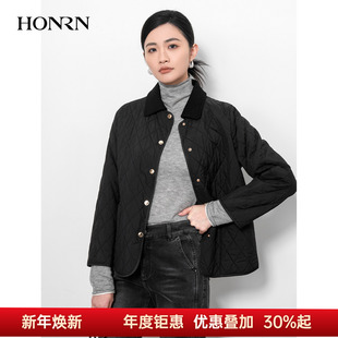 HONRN 棉衣棉服外套女春秋HK39MA036 红人山羊绒羊毛拼接翻领短款