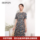 圆领短袖 HONRN 红人中长款 印花收腰显瘦a字连衣裙女夏HI22OL136