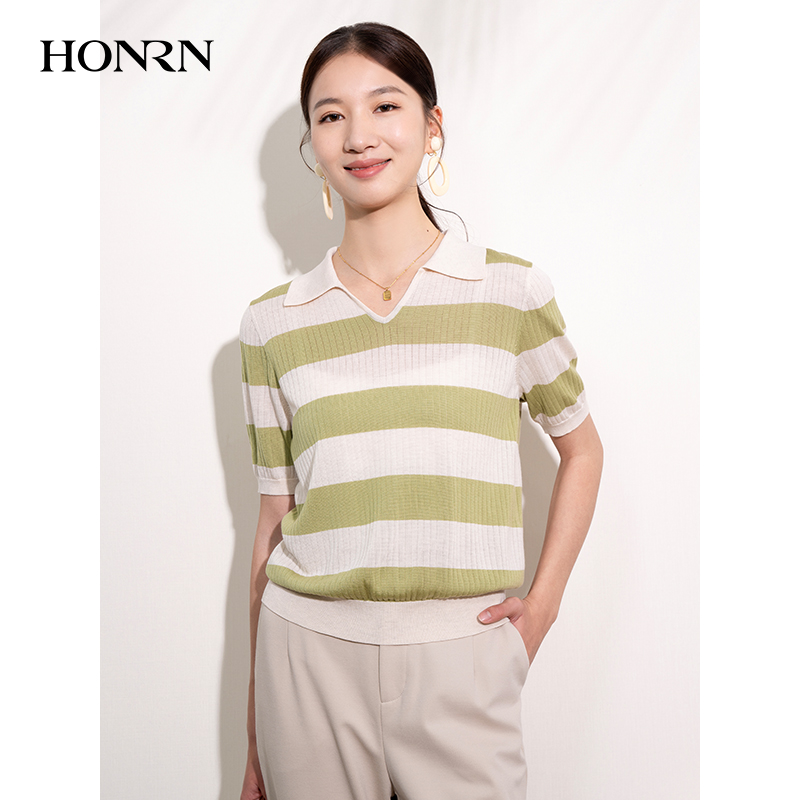 HONRN/红人修身条纹绿色薄款短袖v领套头针织衫上衣女夏HI22OM113