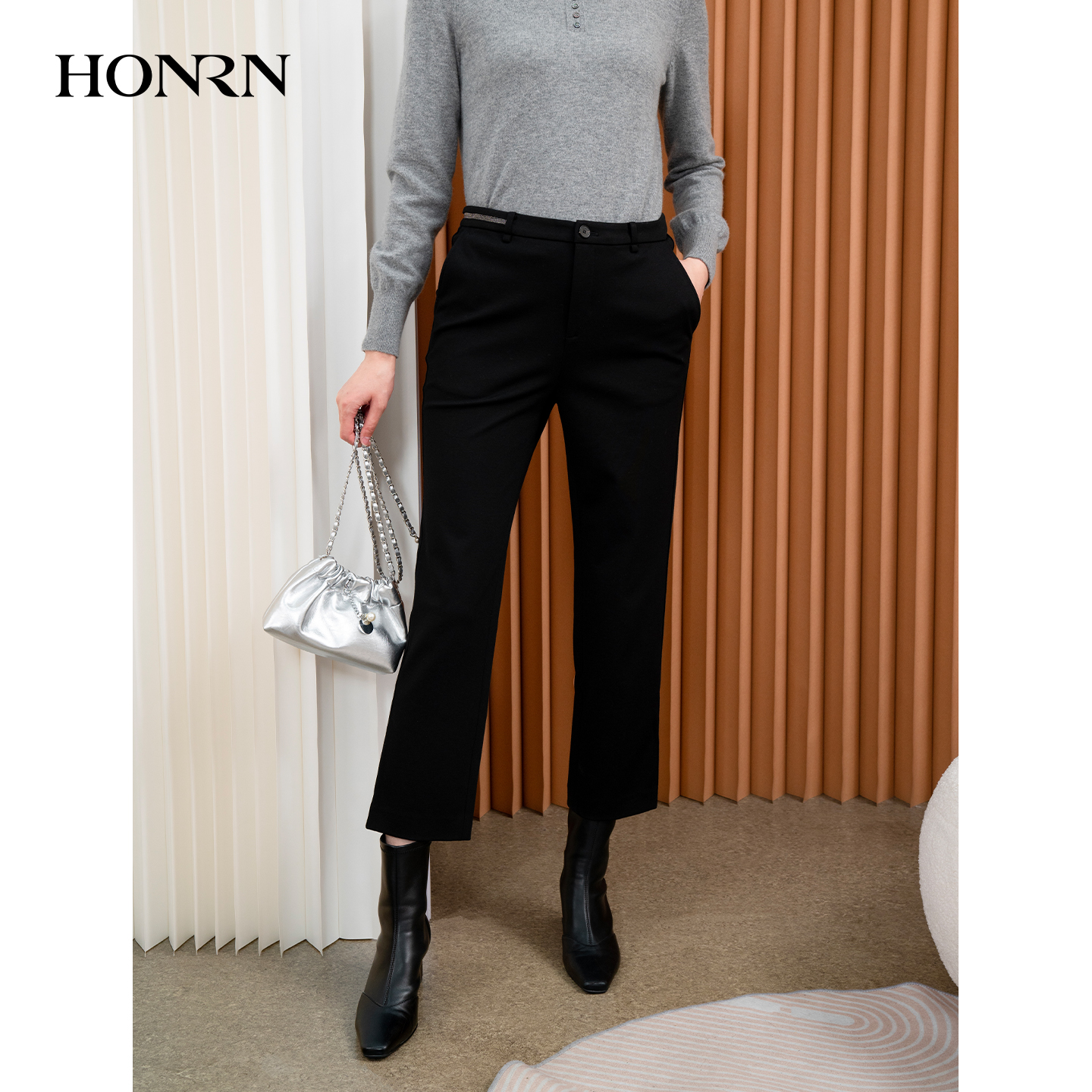 HONRN/红人黑色直筒休闲裤西装裤