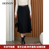 HONRN 红人气质黑色a字优雅显瘦中长款 羊毛半身裙女秋冬HI55OQ717