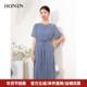 HONRN 红人气质桑蚕丝真丝系带收腰显瘦圆领连衣裙女夏HI22OL485