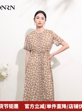 HONRN/红人修身印花圆领抽绳收腰显瘦短袖a字连衣裙女夏HI22OL691