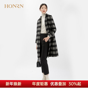 HONRN 千鸟格纹宽松直筒外套 红人复古方领羊毛呢子大衣女冬中长款