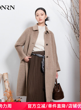 HONRN/红人宽松翻领直筒羊驼毛羊毛呢子大衣外套女秋冬HI55OD783