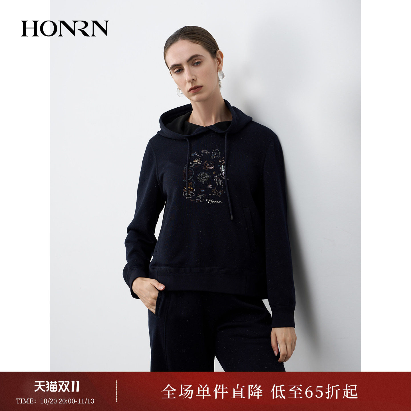 红人连帽印花女冬宽松针织衫