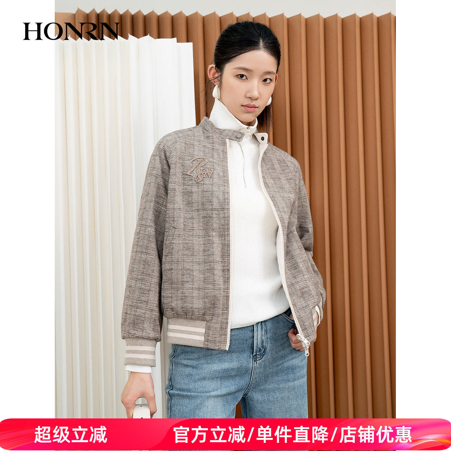 HONRN/红人休闲显瘦格纹短款双面穿棉衣棉服外套女冬HI55MA559