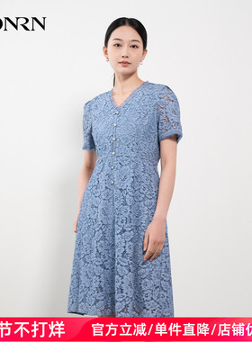 HONRN/红人气质蓝色v领修身收腰显瘦a字蕾丝连衣裙女夏HH22OL670