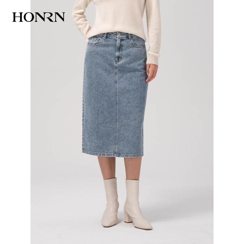 HONRN/红人蓝色休闲长裙子直筒显瘦牛仔半身裙女春秋HH11OQ856