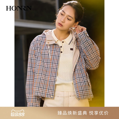 HONRN/红人格纹短外套女连帽拉链夹克复古休闲上衣HL11OS125