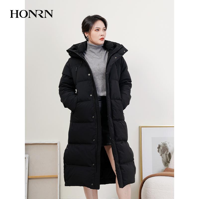 HONRN/红人保暖长款连帽黑金鹅绒羽绒服外套女款冬季HJ59YR228