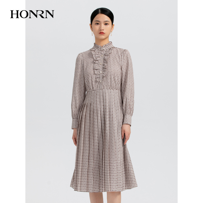 HONRN/红人气质印花长裙子长袖收腰显瘦a字连衣裙女春秋HH33OL278