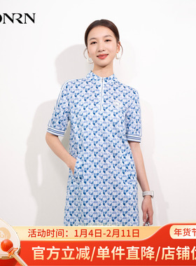 HONRN/红人优雅气质印花纯棉修身显瘦短袖a字连衣裙女夏HI22OL445