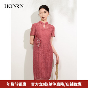 HONRN/红人气质显瘦红色短袖蕾丝旗袍裙子连衣裙女夏HI22OL779