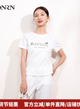 HONRN/红人宽松薄款白色圆领纯棉短袖正肩女t恤上衣夏HI22SY439