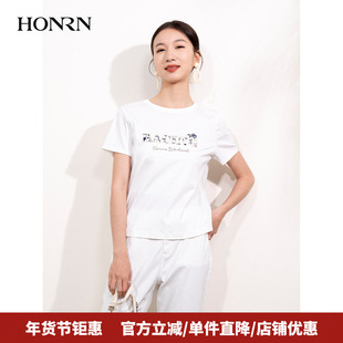 HONRN/红人宽松薄款白色圆领纯棉短袖正肩女t恤上衣夏HI22SY439