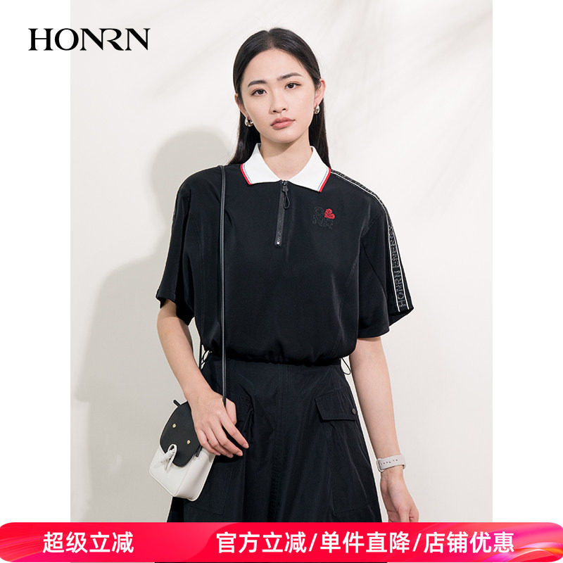 HONRN/红人休闲黑色宽松显瘦翻领短袖t恤上衣女夏季款HI22SY527