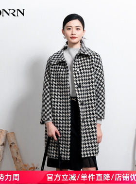 HONRN/红人宽松翻领千鸟格纹羊驼毛羊毛大衣外套女秋冬HI55OD641