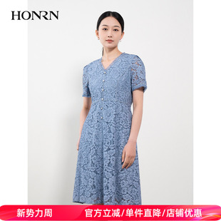 HONRN 收腰显瘦a字蕾丝连衣裙女夏HH22OL670 红人气质蓝色v领修身