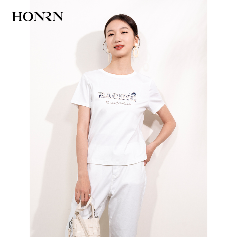 HONRN/红人宽松薄款白色圆领纯棉短袖正肩女t恤上衣夏HI22SY439