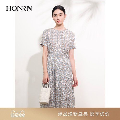 HONRN/红人压褶短袖收腰连衣裙