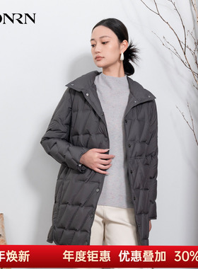 HONRN/红人防风立领轻薄白鹅绒羽绒服外套冬季女中长款HI55YR434