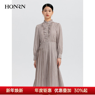 HONRN 收腰显瘦a字连衣裙女春秋HH33OL278 红人气质印花长裙子长袖