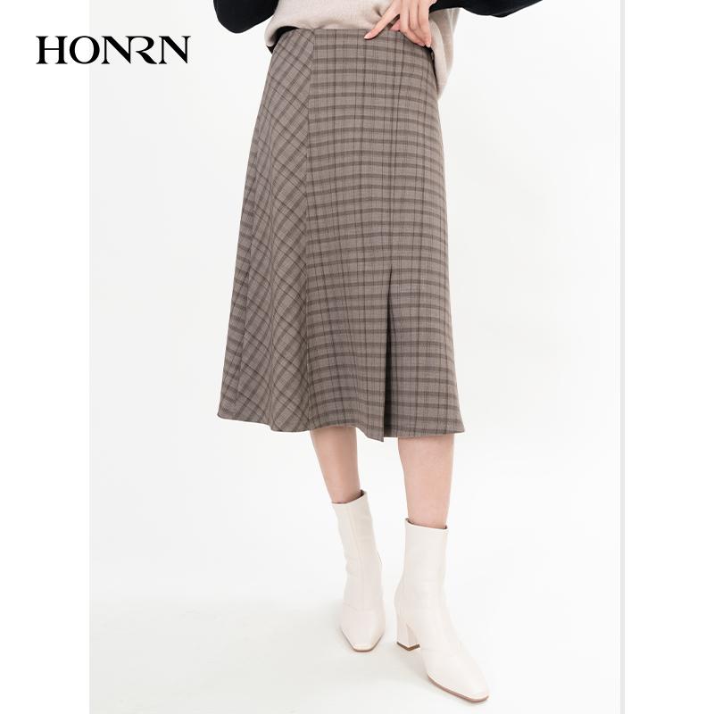 HONRN/红人格子长款a字半身裙