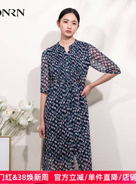 HONRN/红人印花v领系带收腰显瘦中长款a字连衣裙女夏HI22OL833