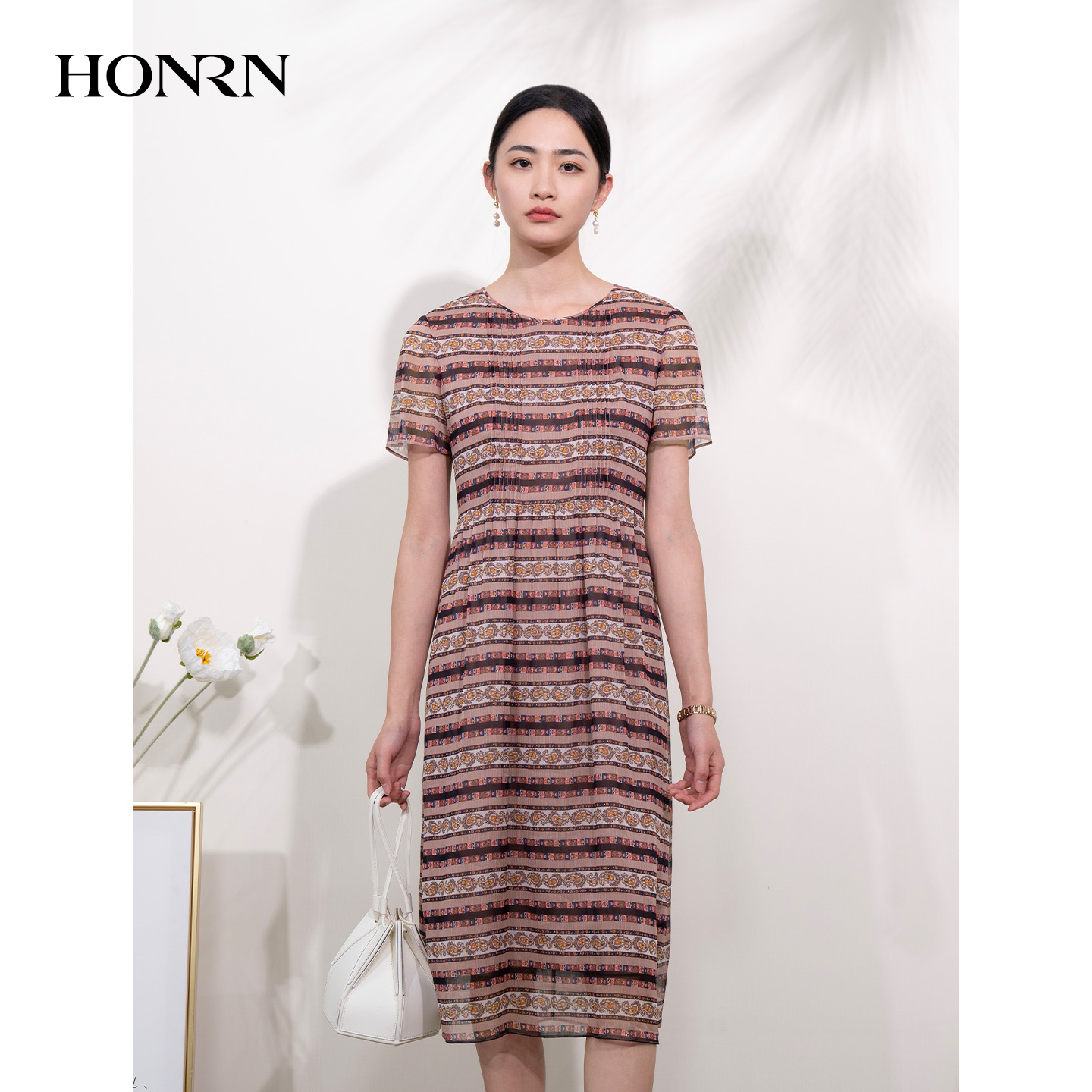 HONRN/红人民族风收腰显瘦条纹印花圆领短袖连衣裙女夏HI22OL765