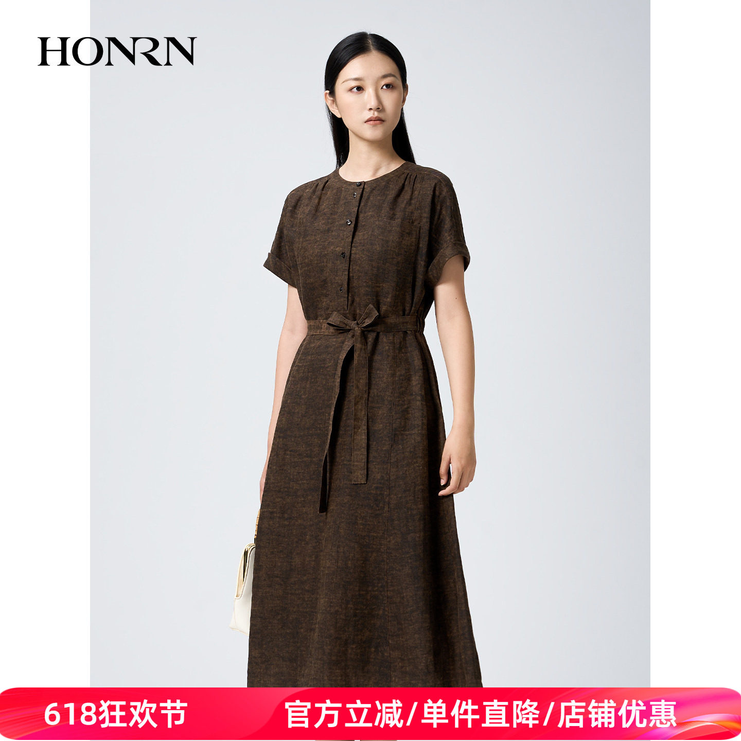 红人复古亚麻收腰显瘦连衣裙