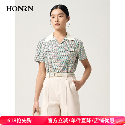 红人印花纯棉翻领短袖针织衫女夏