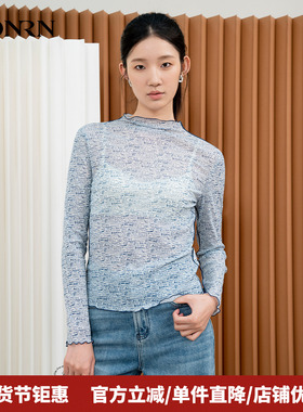 HONRN/红人木耳边半高领长袖套头打底衫t恤上衣女春秋HI33SY218