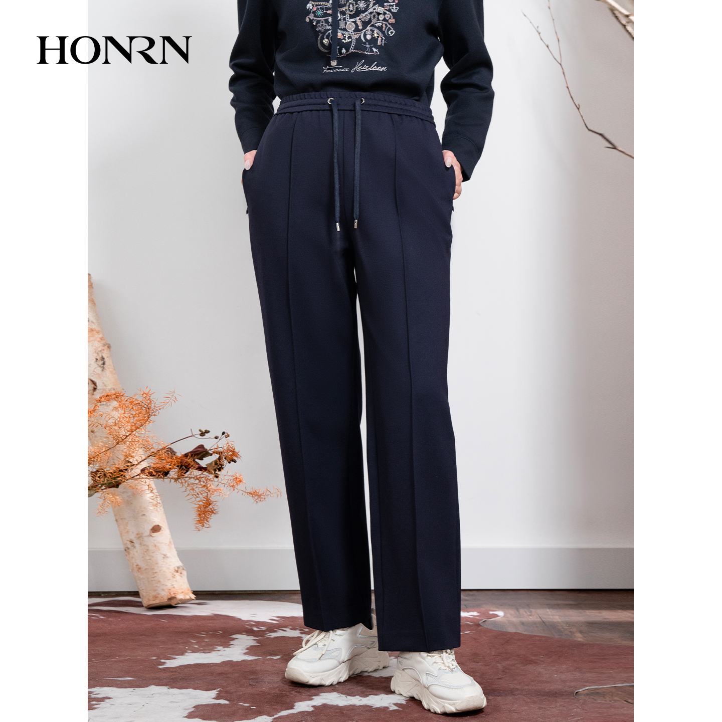 HONRN/红人松紧腰运动直筒休闲裤