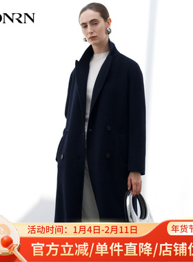 HONRN/红人HONRN极简风毛呢大衣女中长款宽松深蓝色外套HK55OD746