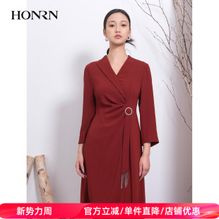 秋冬飘带连衣裙女HI55OL198 收腰显瘦长袖 HONRN 红人气质红色修身