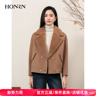HONRN 骆驼毛绒领双面羊毛呢子大衣外套女秋冬HI55OD077 红人短款
