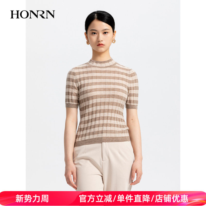HONRN/红人早秋条纹短袖修身圆领套头羊毛针织衫上衣HI33OM680