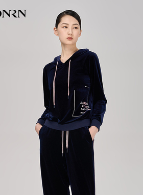 HONRN/红人宽松运动休闲蓝色丝绒长袖连帽卫衣女春秋款HI39SY021