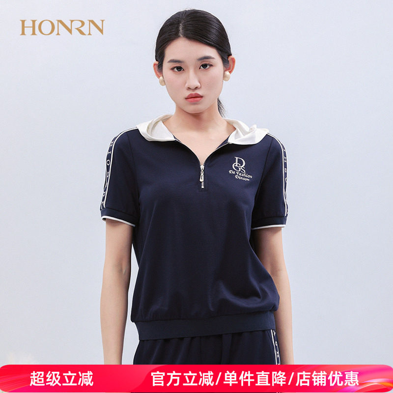HONRN/红人藏蓝色修身薄款短袖连帽带帽套头针织衫上衣t恤女夏季