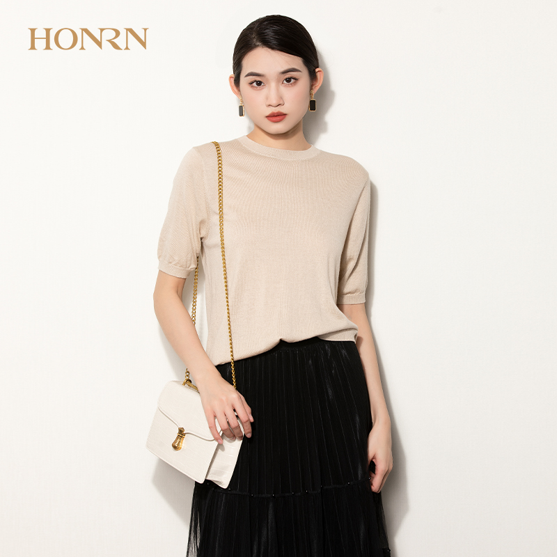 HONRN/红人修身显瘦薄款短袖圆领羊毛针织衫上衣正肩t恤女夏季