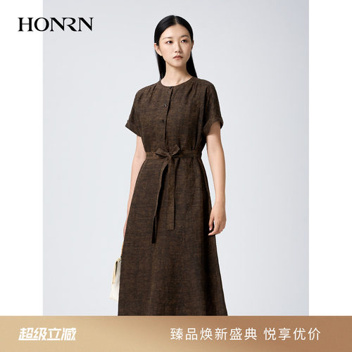红人复古亚麻收腰显瘦连衣裙