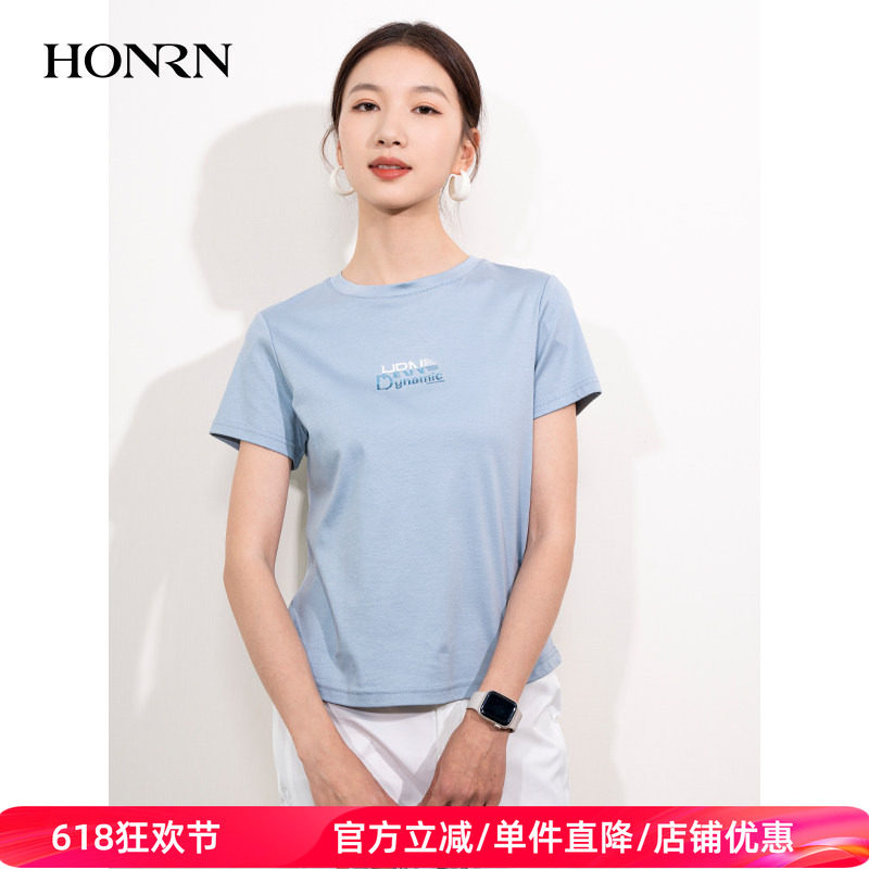 HONRN/红人休闲短款圆领套头纯棉短袖正肩女t恤上衣夏季HI22SY596