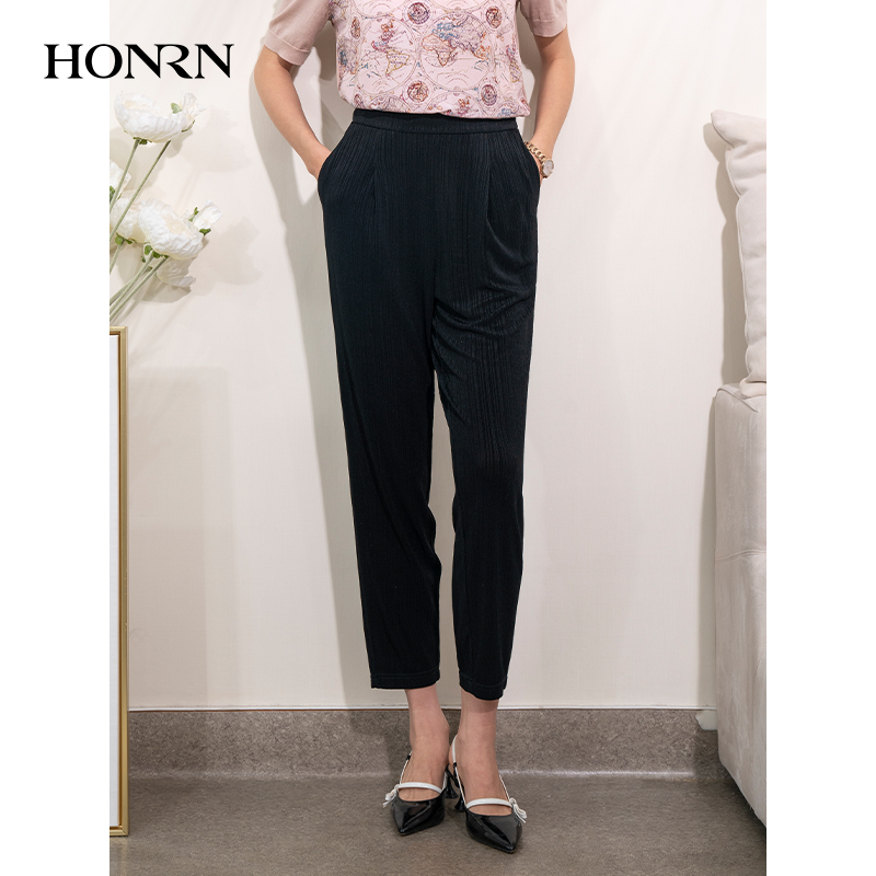 HONRN/红人宽松显瘦薄款黑色九分裤子直筒休闲裤女夏HI22OK249